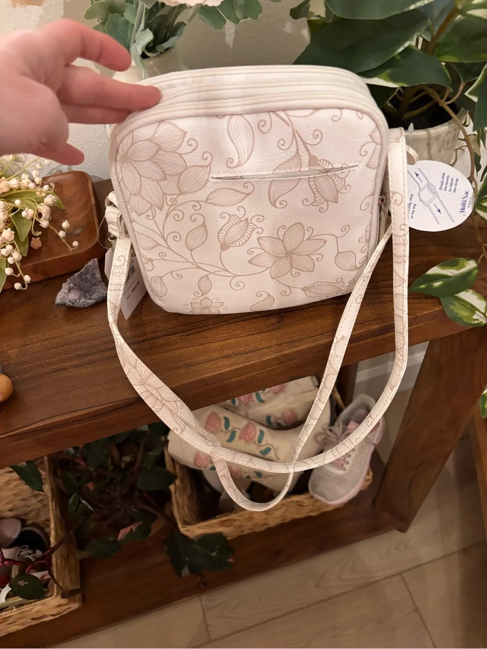 MultiSac Cream Floral Crossbody Bag with Front Pocket